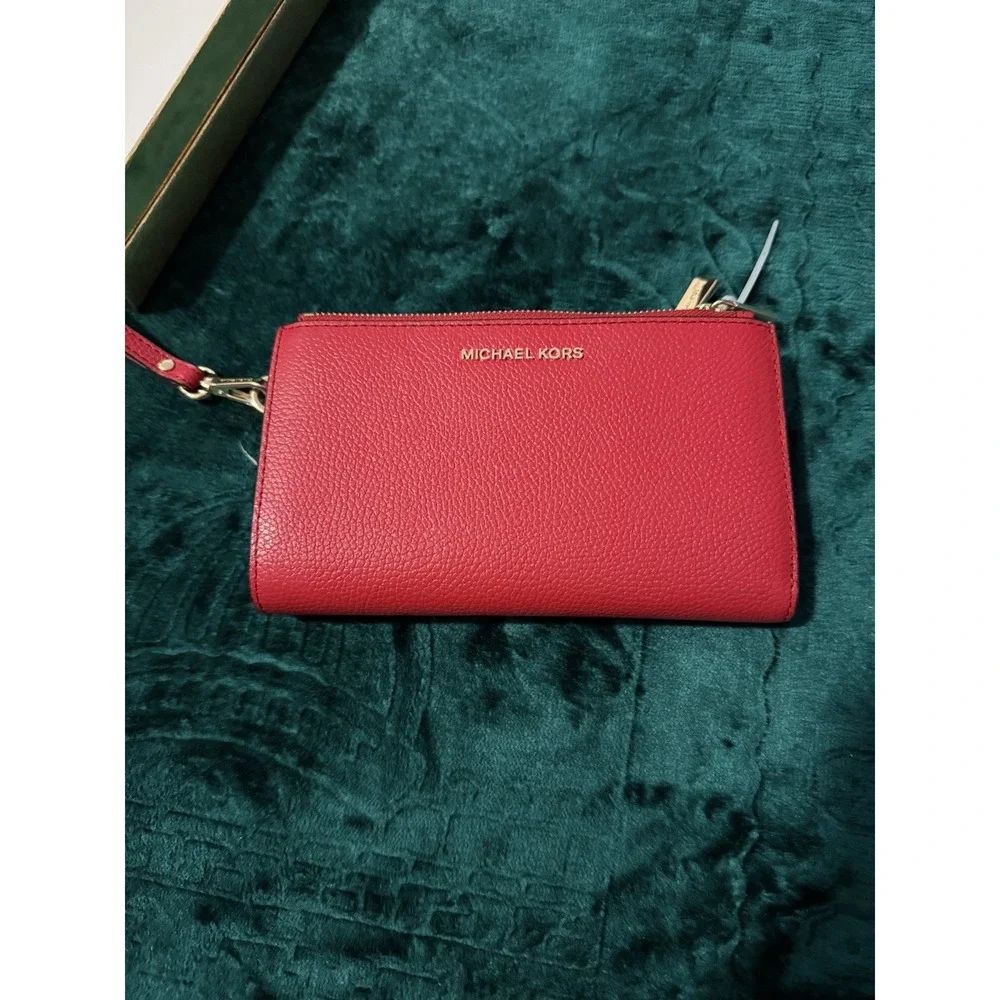 Michael‎ Kors Jet Set Double Zip Wristlet Crimson Red Leather Wallet 32T7GAFW4L